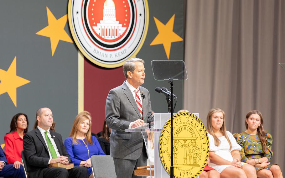 U.S. Governor Brian Kemp takes the oath of office after being re-elected as the 83rd Governor of Georgia, Jan. 12, 2023 at the Georgia State Convocation Center. Following his inauguration, Governor Kemp, U.S. Army Maj. Gen. Tom Carden, The Adjutant General of Georgia, and Col. Chris Wright, Georgia Department of Public Safety Commissioner, reviewed a formation of Soldiers, Airmen, Georgia State Patrol Officers, and Georgia State Defense Force Volunteers. 