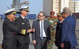 U.S. 6th Fleet commander Vice Adm. J.T. Anderson, second from left; Charge d’Affaires Jeremy Berndt, middle; and Ambassador Richard Norland, far right, greet key Libyan military and civilian officials before reception aboard the USS Mount Whitney during a port visit in Tripoli, Libya, April 20, 2025. That visit and another to Benghazi marked the Navy's first Libyan port calls in more than five decades.