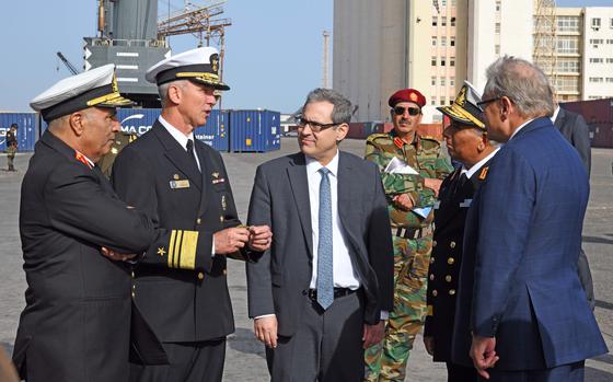 U.S. 6th Fleet commander Vice Adm. J.T. Anderson, second from left; Charge d’Affaires Jeremy Berndt, middle; and Ambassador Richard Norland, far right, greet key Libyan military and civilian officials before reception aboard the USS Mount Whitney during a port visit in Tripoli, Libya, April 20, 2025. That visit and another to Benghazi marked the Navy's first Libyan port calls in more than five decades.