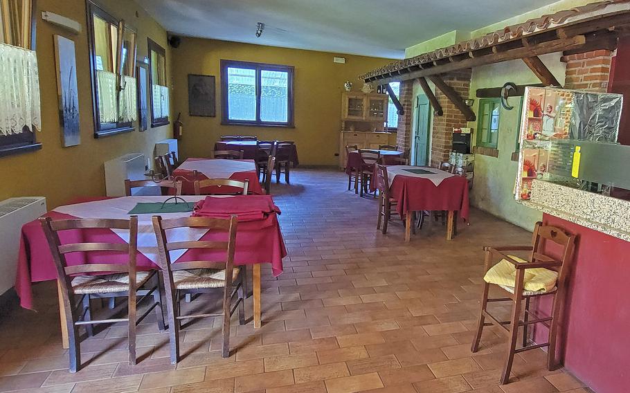 The indoor dining room at Osteria El Gaucho, in Mansue, Italy, which is about a 30-minute drive from Aviano Air Base. The restaurant features delicious pizzas as well as beef ribs, pork cutlet, chicken and Italian sausages.