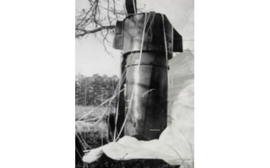One of the MK39 nuclear weapons that fell on Goldsboro, N.C., on Jan. 24, 1961. It was largely intact, with its parachute still attached.