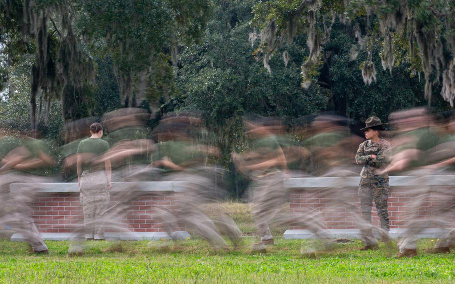 Recruits with Papa Company, 4th Recruit Training Battalion, run at Marine Corps Recruit Depot Parris Island, S.C., on Dec. 14, 2022. For decades, the training unit was only open to female recruits and will now be shuttered as the service continues to push for greater gender integration. 