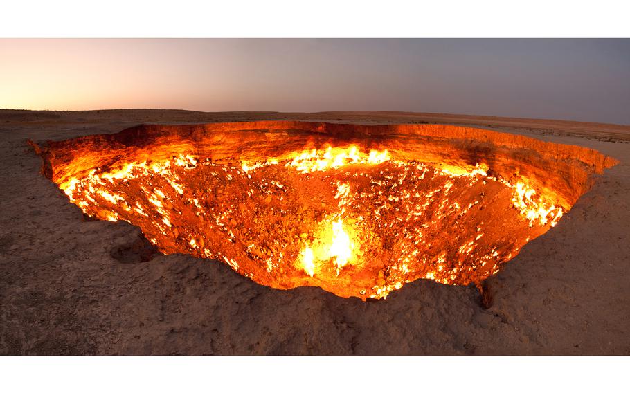 A burning natural gas field in Derweze, Turkmenistan, known as the “Gates of Hell.”