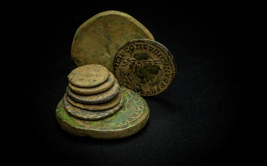 Roman coins silver and copper alloy are seen from the excavation site near South Northamptonshire, England. 