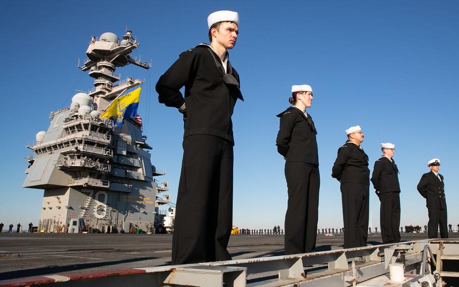 Sailors assigned to the USS Gerald R. Ford man the rails upon return from the ship’s eight-month maiden deployment, Wednesday, Jan. 17, 2024.