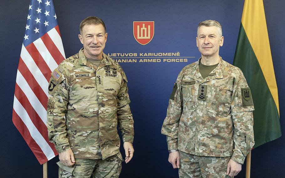 Commander of the Lithuanian armed forces Lt. Gen. Valdemaras Rupsys, right, meets with U.S. Army Chief of Staff Gen. James C. McConville in Vilnius, Lithuania, April 10, 2022. Lithuania will host Ukrainian soldiers for a new training mission focused on preparing them to use new weaponry that NATO allies are sending into the country to assist in its war with Russia, Lithuanian defense officials announced.