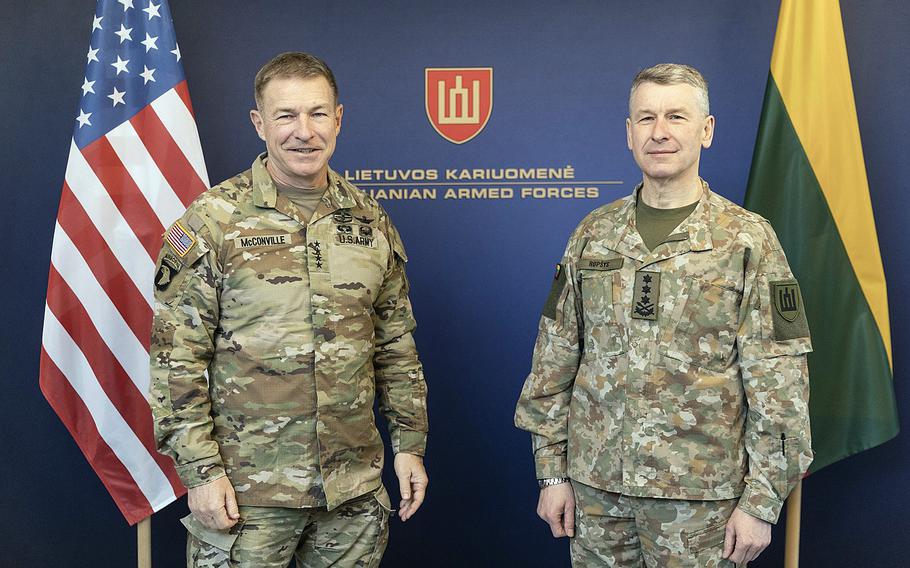 Commander of the Lithuanian armed forces Lt. Gen. Valdemaras Rupsys, right, meets with U.S. Army Chief of Staff Gen. James C. McConville in Vilnius, Lithuania, April 10, 2022. Lithuania will host Ukrainian soldiers for a new training mission focused on preparing them to use new weaponry that NATO allies are sending into the country to assist in its war with Russia, Lithuanian defense officials announced.