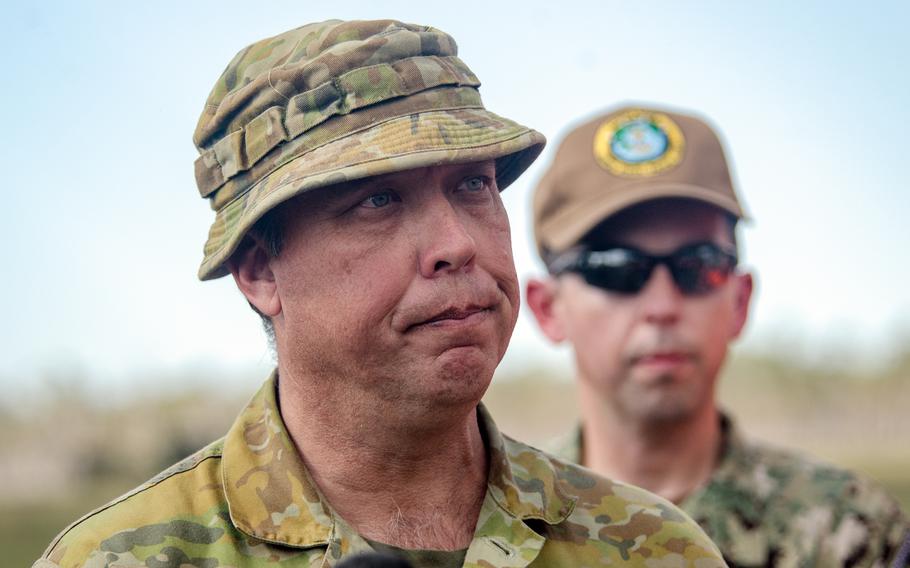 Australian Brig. Gen. Nicholas Foxall speaks with reporters during a live-fire Talisman Sabre drill at Shoalwater Bay Training Area in Queensland, Australia, Saturday, July 22, 2023.