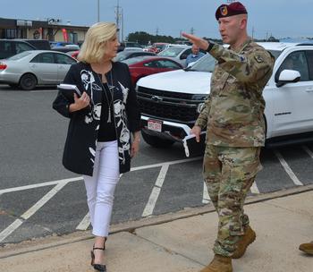 Brig. Gen. David Gardner, commander of Fort Polk, La., directs Army Secretary Christine Wormuth to renovated recreation facilities at the base, such as a bowling alley, soccer field and fitness center, during her visit Tuesday, April 25, 2023, to review quality-of-life improvements at the remote post. 