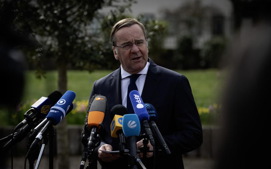 German Defense Minister Boris Pistorius speaks to members of the press during the Ukraine Defense Contact Group meetings at Ramstein Air Base, Germany, Tuesday, March 19, 2024. 