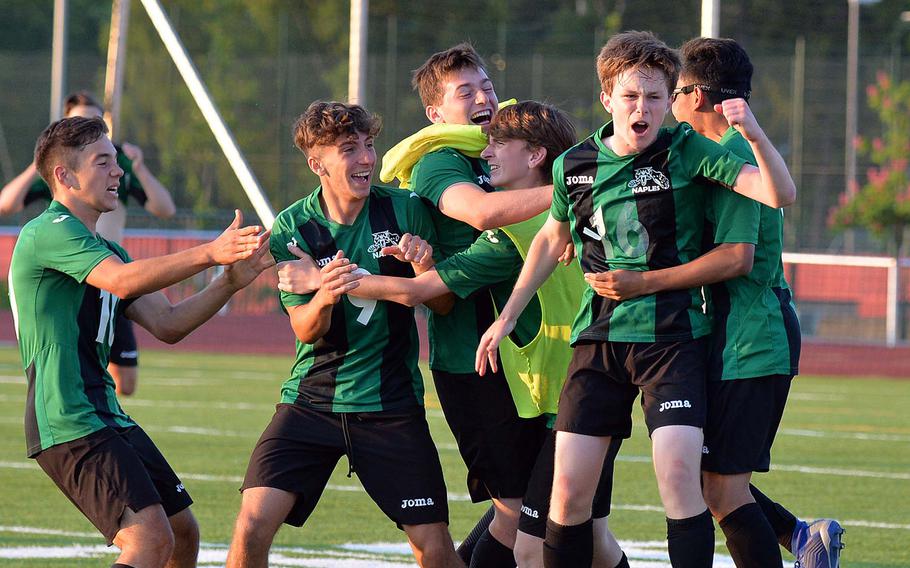 The Naples Wildcats celebrate the boys Division I title after defeating Ramstein 1-0 in the championship game in Kaiserslautern in May 2019. DODEA-Europe hopes to crown champions this year after the seasons were canceled in 2020 and 2021 because of the coronavirus pandemic.