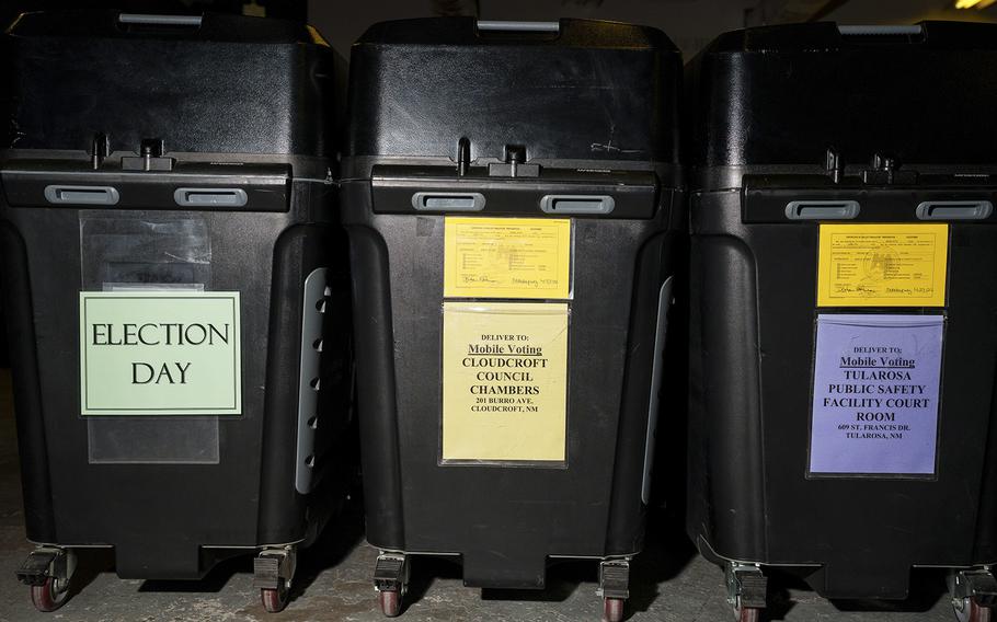 Voting tabulators pictured at the Otero County Clerk’s storage facility in Alamogordo, N.M.