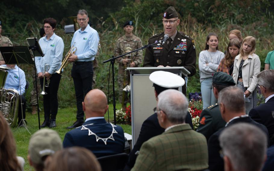 Army Maj. Gen. Brett Sylvia, commander of the 101st Airborne Division, delivers an address at the 79th commemoration of Operation Market Garden at Sint-Oedenrode, Netherlands, on Sept. 17, 2023.