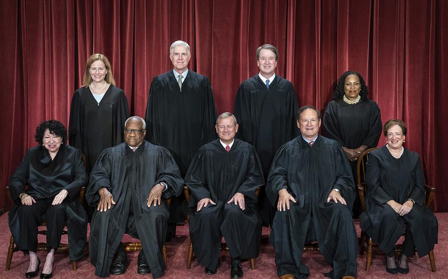 Justices of the U.S. Supreme Court during a formal group photograph at the Supreme Court in Washington on Oct. 7, 2022.