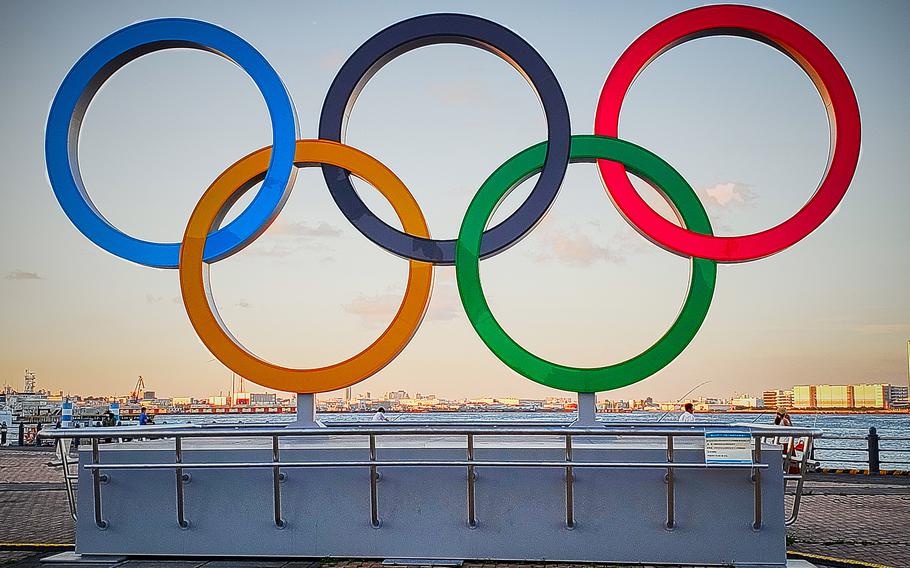 The Olympic rings are pictured this month in Yokohama, Japan. The governor of Kanagawa prefecture on Wednesday, July 21, 2021, declared a state of emergency in the cities of Yokohama, Kawasaki, Sagamihara and Atsugi effective until Aug. 22. 