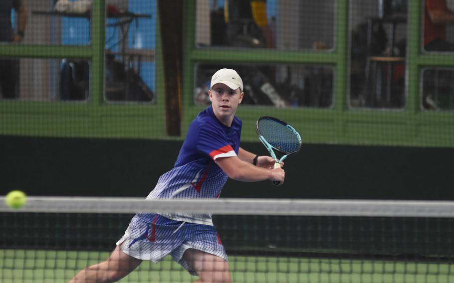 Ramstein’s Tristan Chandler defended his singles title at the DODEA European tennis championships on Saturday, Oct. 22, 2022, in Wiesbaden, Germany. Chandler defeated Marymount’s Leonardo Proietti in an epic final, 6-2, 3-6, 6-3.