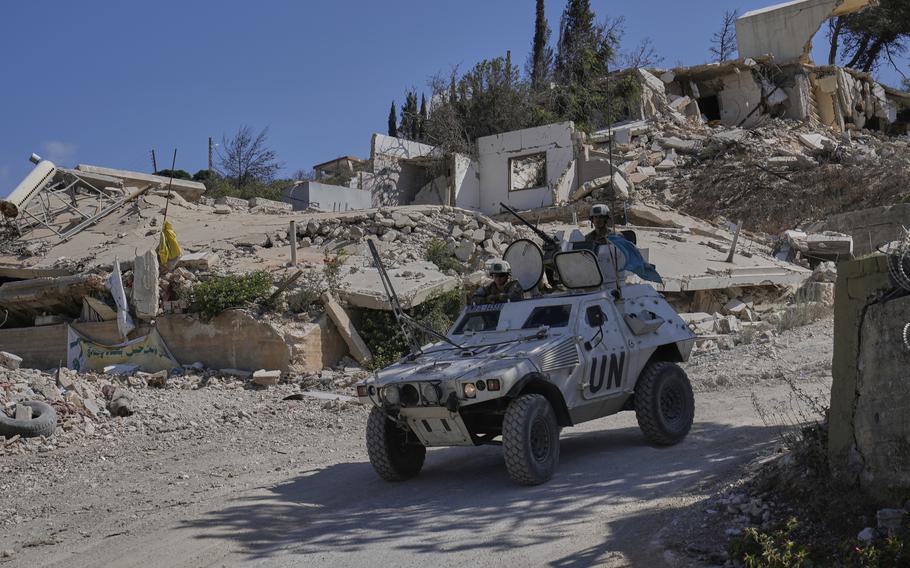 French U.N. peacekeepers patrol the Lebanese-Israeli border.