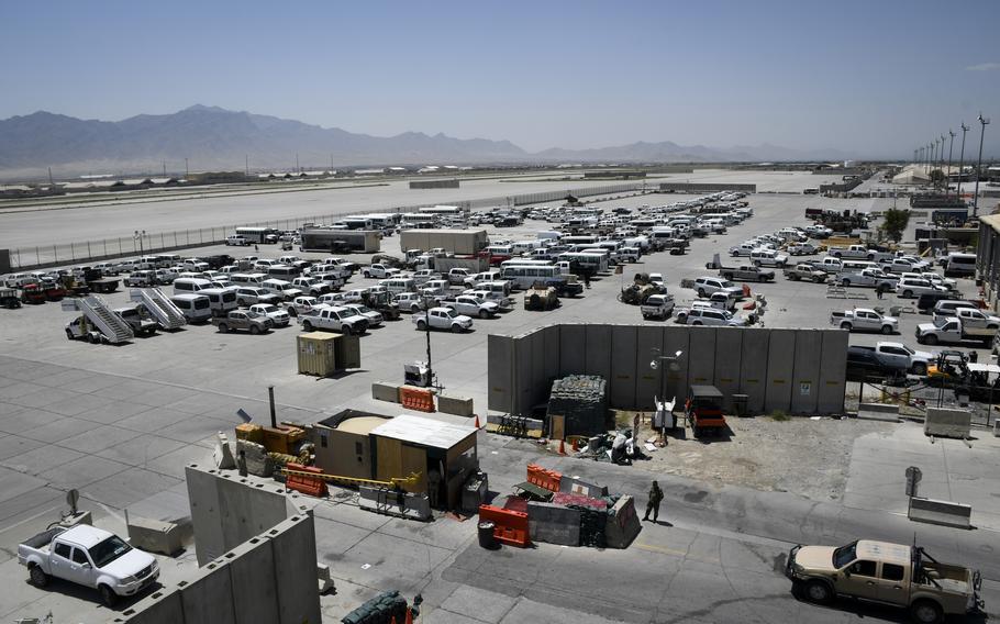 Vehicles at Bagram airfield, Afghanistan, on July 7, 2021, days after U.S. troops left. The vehicles had been left for Afghan forces who took over the base. 