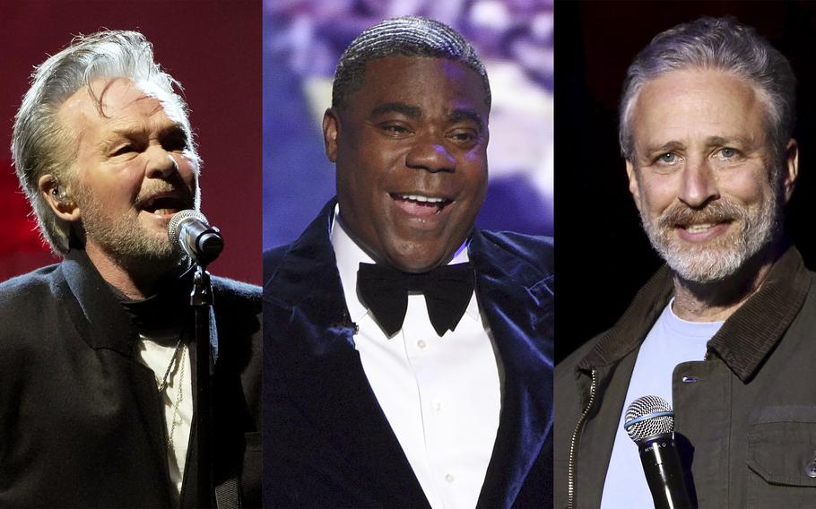 This combination of photos shows John Mellencamp, left, Tracy Morgan, center, and Jon Stewart, who are among the celebrities participating at this year’s Stand Up for Heroes fundraiser, Nov. 6, 2023, benefitting injured veterans and their families.