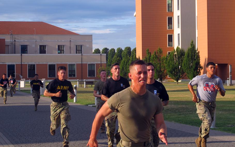 Paratroopers in the 173rd Airborne Brigade race to the finish line in a 5K memorial run Aug. 25, 2021, at Del Din in Vicenza, Italy. The run was held to honor 1st Lt. Derek Hines, who was killed in action in Afghanistan in 2005.