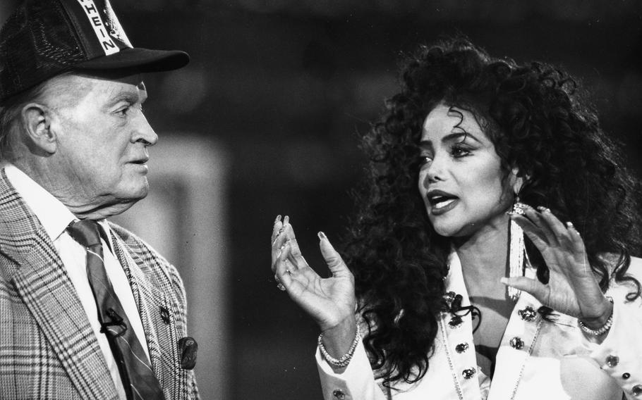 May, 1990: Bob Hope and LaToya Jackson, onstage at Rhein-Main AB.