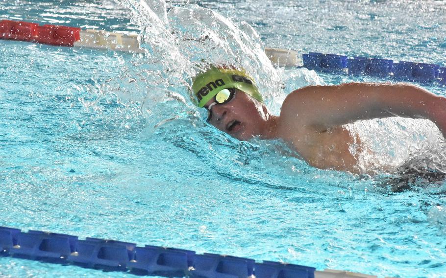 Kaiserslautern Kingfish Jacob Furqueron was indeed king of the pool at the European Forces Swim League Long Distance Championships, setting records in all three events he swam, including the boys 1,500-meter freestyle on Sunday, Nov. 27, 2022, in Lignano Sabbiadoro, Italy.