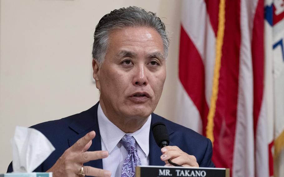 Rep. Mark Takano of California, the top Democrat on the House Committee on Veterans’ Affairs, questions Department of Veterans Affairs Secretary Denis McDonough on Wednesday, Feb. 14, 2024, during a hearing on whether the VA ignore and perpetrate sexual harassment.
