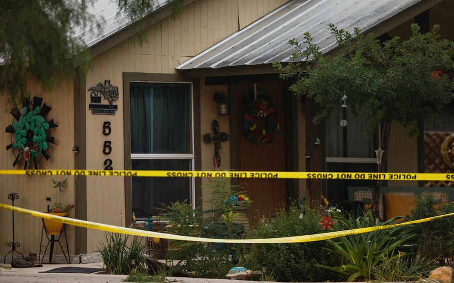 The home of 18-year-old Salvador Ramos is cordoned off with police tape on May 24, 2022, in Uvalde, Texas. 