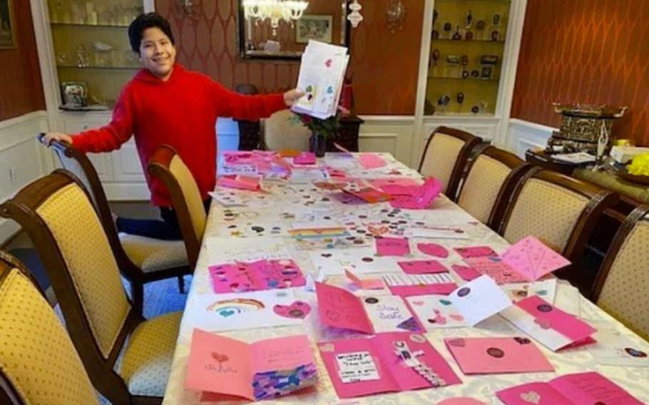 Patrick Kaufmann, 14, does most of his Valentines by Kids work at the dining room table in his family’s Potomac, Md., home. This year, he organized and shipped out about 16,000 valentines to nursing homes, hospitals and nonprofits. 
