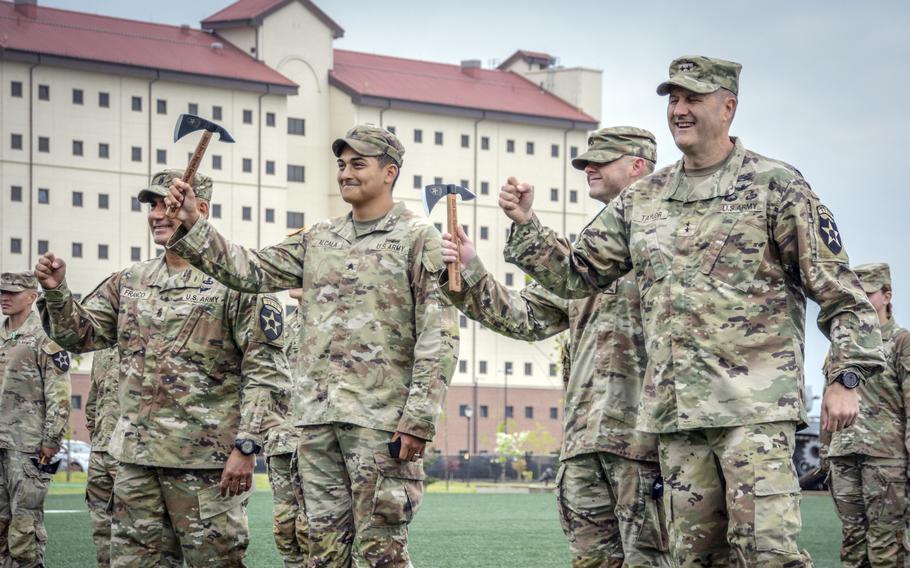 Soldiers assigned to the 2nd Infantry Division celebrate during the Best Squad awards ceremony at Camp Humphreys, South Korea, May 6, 2024.