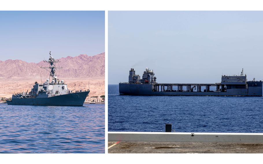 At left, guided-missile destroyer USS Truxtun (DDG 103) departs from Aqaba, Jordan, March 12, 2023, during International Maritime Exercise 2023. At right, expeditionary sea base USS Hershel “Woody” Williams (ESB 4) sails with expeditionary sea base USS Lewis B. Puller (ESB 3) in the Gulf of Aden, July 26, 2022.