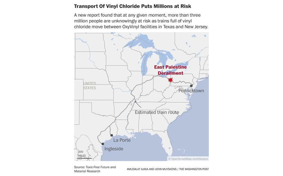 A new report found that at any given moment, more than three million people are unknowingly at risk as trains full of vinyl chloride move between OxyVinyl facilities in Texas and New Jersey.