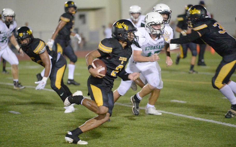Kadena quarterback Cameron Wilson rushed 12 times for 149 yards and two touchdowns and was 6-for-17 for 75 yards passing.