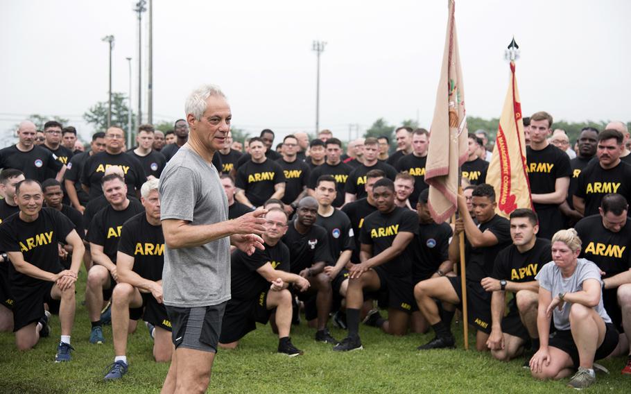 U.S. Ambassador to Japan Rahm Emanuel speaks to American and Japanese troops after a 3-mile run at Camp Zama, Japan, Wednesday, June 14, 2023. The event honored the Army's 248th birthday.