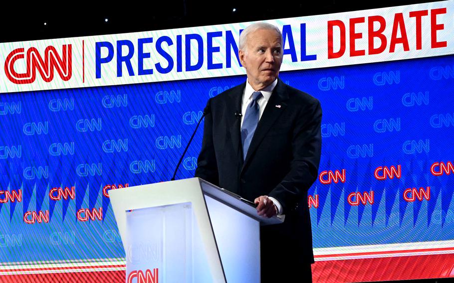 US President Joe Biden looks on as he participates in the first presidential debate of the 2024 elections with former US President and Republican presidential candidate Donald Trump at CNN's studios in Atlanta, Georgia, on June 27, 2024. (Andrew Caballero-Reynolds/AFP via Getty Images/TNS)