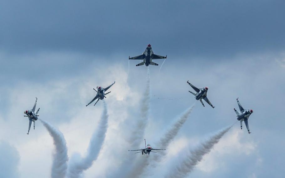 Air Force Thunderbirds perform during The Great Texas Airshow on Saturday, April 6, 2024, at Joint Base San Antonio-Randolph. The Thunderbirds perform for audiences around the world. In addition to showcasing the elite skills all pilots must possess, the Thunderbirds demonstrate the incredible capabilities of the Air Force’s premier multirole fighter jet, the F-16 Fighting Falcon. 