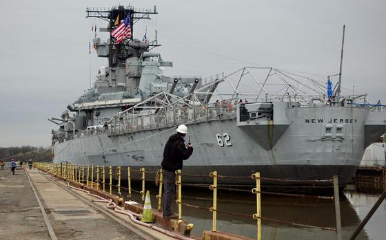 Battleship New Jersey arrived at the Philadelphia Navy Yard on March 27 for maintenance. 
