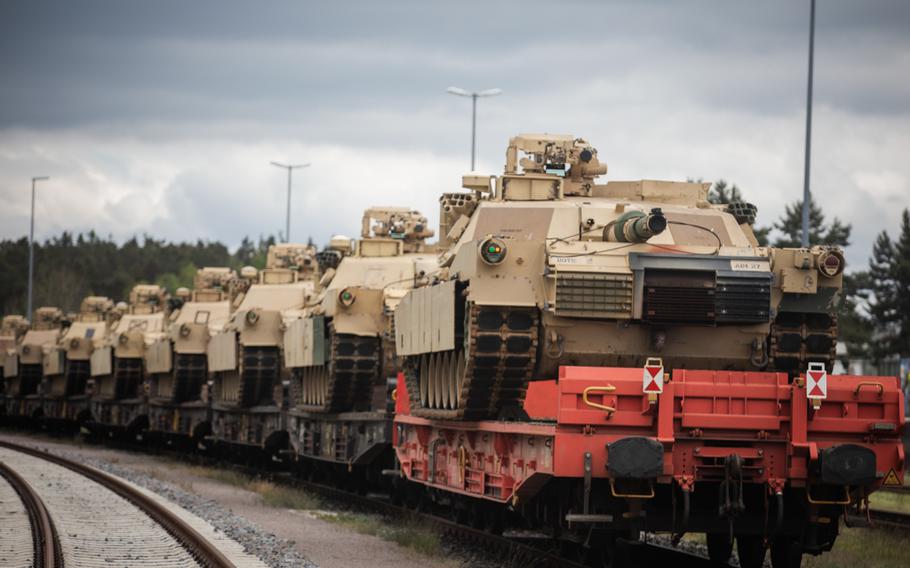 U.S. M1A1 Abrams tanks are unloaded May 12, 2023, in Grafenwoehr, Germany, for use in the training of Ukrainian troops. A Government Accountability Office report issued Wednesday highlights the Pentagon's challenges in tracking the delivery and end use of weapons sent to Ukraine.
