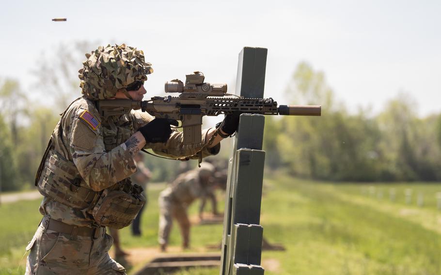 A 101st Airborne Division soldier fires the new XM7 rifle during training at Fort Campbell, Ky., on Monday, April 15, 2024. 