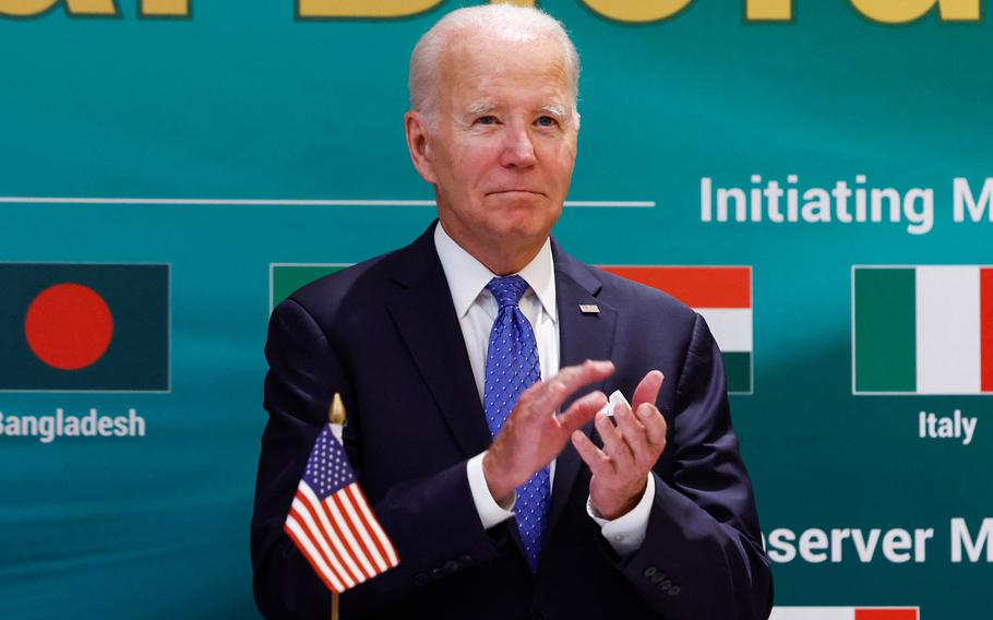 U.S. President Joe Biden attends the launch of the Global Biofuels Alliance at the G20 summit in New Delhi on Saturday, Sept. 9, 2023. 