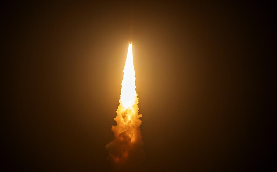 Artemis I, NASA's Space Launch System (SLS) rocket with the unmanned Orion spacecraft aboard, blasts off from Launch Pad 39B on Nov. 16, 2022. 