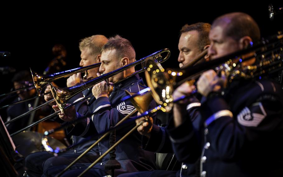 The Airmen of Note’s trombone section plays during a concert at Kiva Auditorium, N.M., Nov. 17, 2023. The United States Air Force Band’s premier jazz ensemble is set to embark on a seven-day tour across Montana, Wyoming and South Dakota, officials announced Monday, April 1, 2024.