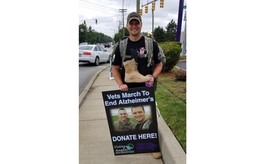 Tim Welbaum, an Army veteran who owns Visiting Angels Senior Homecare Agency in Adrian, Mich., and has PTSD, is the leader of the veteran marching group.