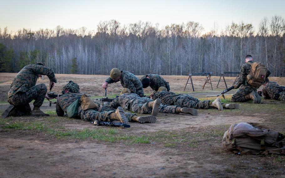 Marines zero their rifles in the Marine Corps Championships hosted by the Weapons Training Battalion at Marine Corps Base Quantico, Va., in April 2023.