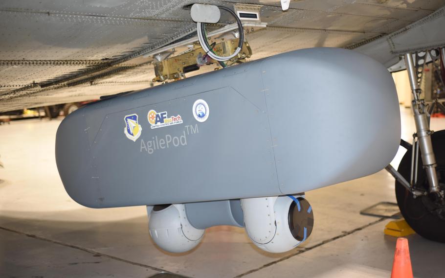The AgilePod, the first physical system to be trademarked by the Air Force, is a multi-intelligence, open architecture, flight-line reconfigurable pod designed for the intelligence community. A new effort to develop a suite of platform-agnostic AgilePods in various sizes is currently in progress, teaming AFRL with industry partners. (U.S. Air Force photo/David Dixon)