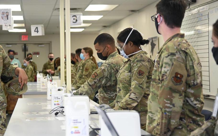 Airmen assigned to Task Force-Holloman prepare an in-processing line in support of Operation Allies Welcome, Aug. 31, 2021, on Holloman Air Force Base, N.M.