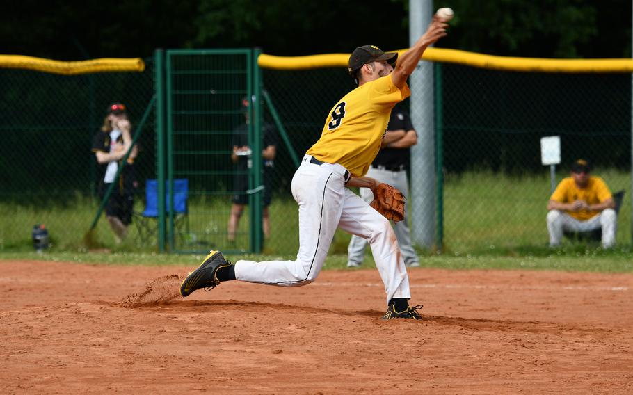 Stuttgart senior Marcus Laine earned the win against the Wiesbaden Warriors in the winners' bracket round on Friday, May 20, 2022, by pitching a complete game with 15 strikeouts at the 2022 DODEA-Europe baseball championships.