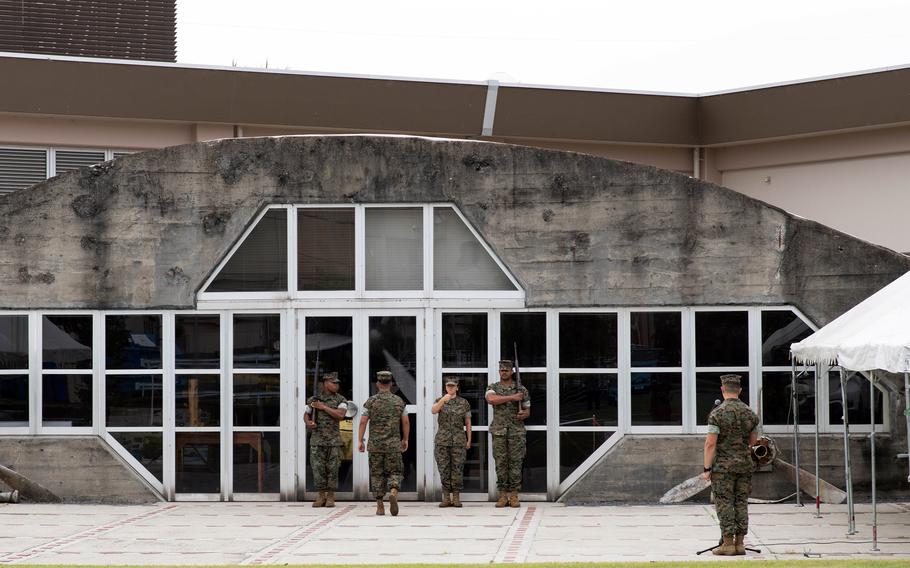 Marines rehearse in front of the Zero Hangar.