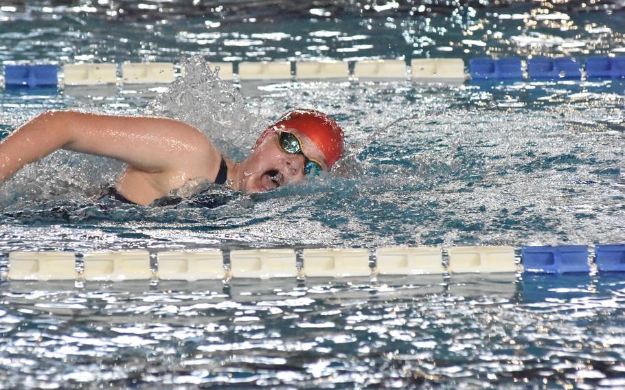 Anniston Coleman of the Stuttgart Piranhas finished second in her age group in the girls 800-meter freestyle at the European Forces Swim League Long Distance Championships on Saturday, Nov. 26, 2022, at Lignano Sabbiadoro, Italy.

Kent Harris/Stars and Stripes