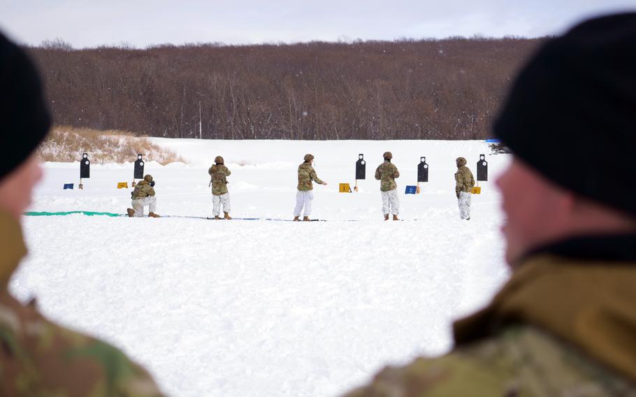 U.S. and Japanese soldiers train together during the North Wind exercise at Camp Higashi Chitose, Hokkaido, Friday, Jan. 26, 2024.